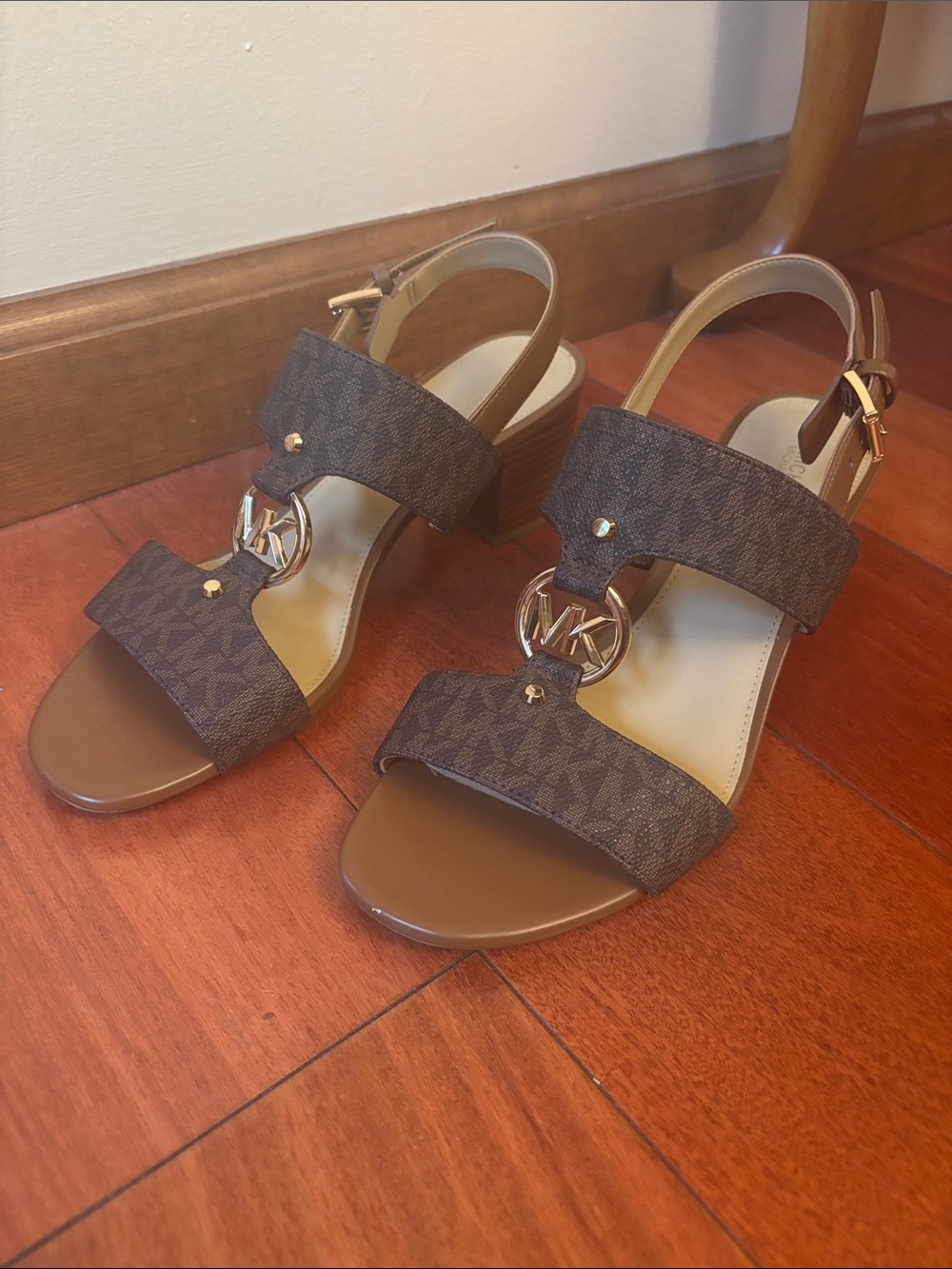 Michael Kors Brown Logo Block Heel Slingback Sandals